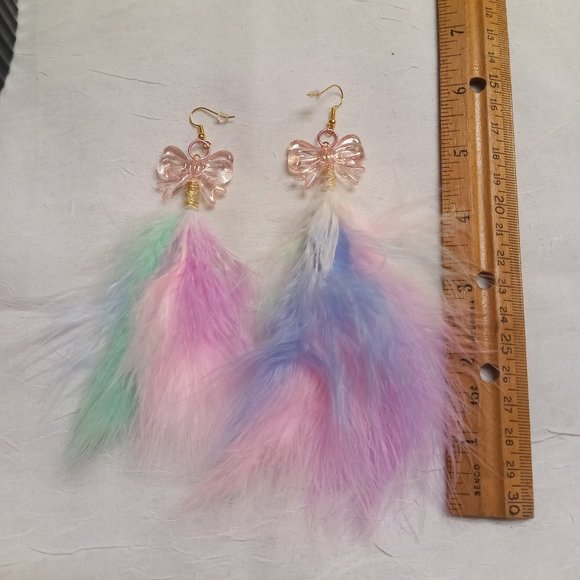 Home Made Handmade Feather & Metal Cat Multi Color Bow Earrings #41 - Picture 5 of 10